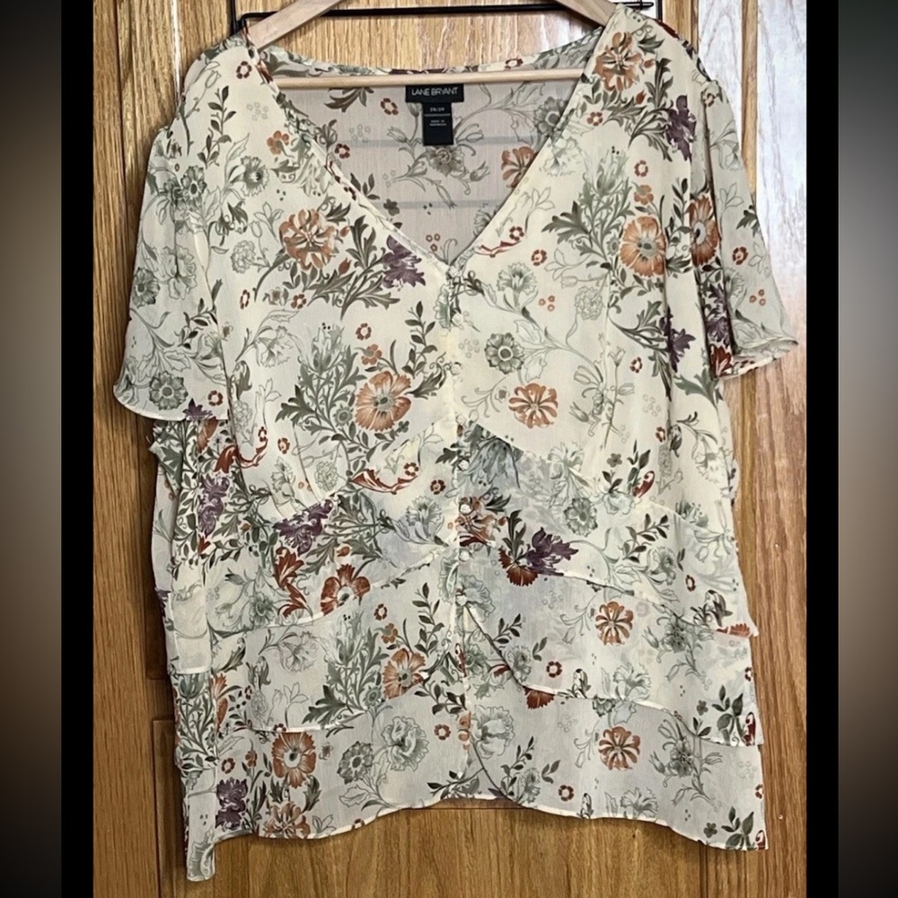 Plus Size Lane Bryant Blouse Women’s 26/28 Beaded Buttons Layered V-neck Sheer